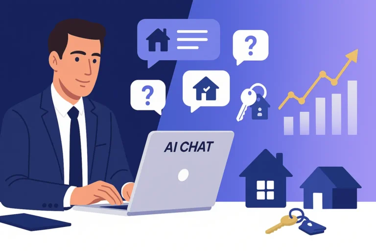 Flat design blog header illustration showing a real estate agent using ChatGPT, with chat bubbles, house icons, and upward-trending graphs on a blue-purple gradient background.