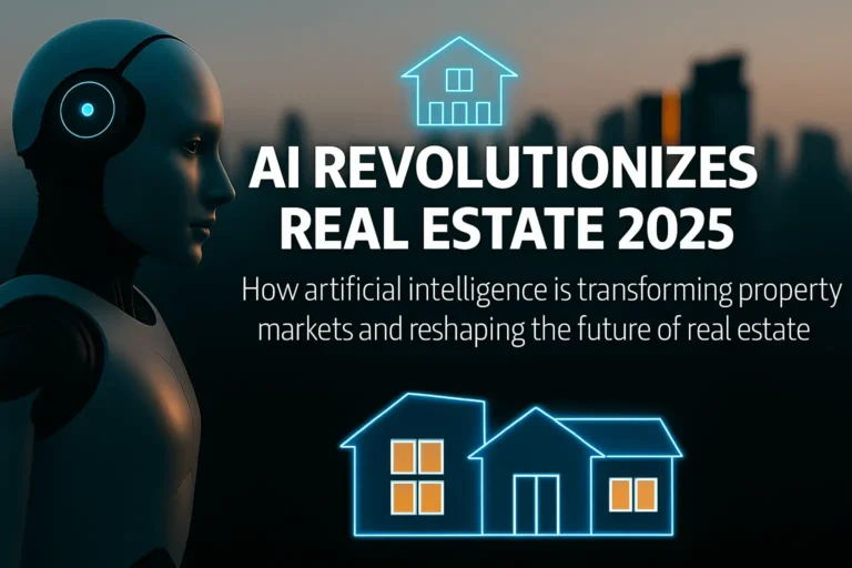 Futuristic robot and city skyline illustrating how AI is transforming the real estate market in 2025.