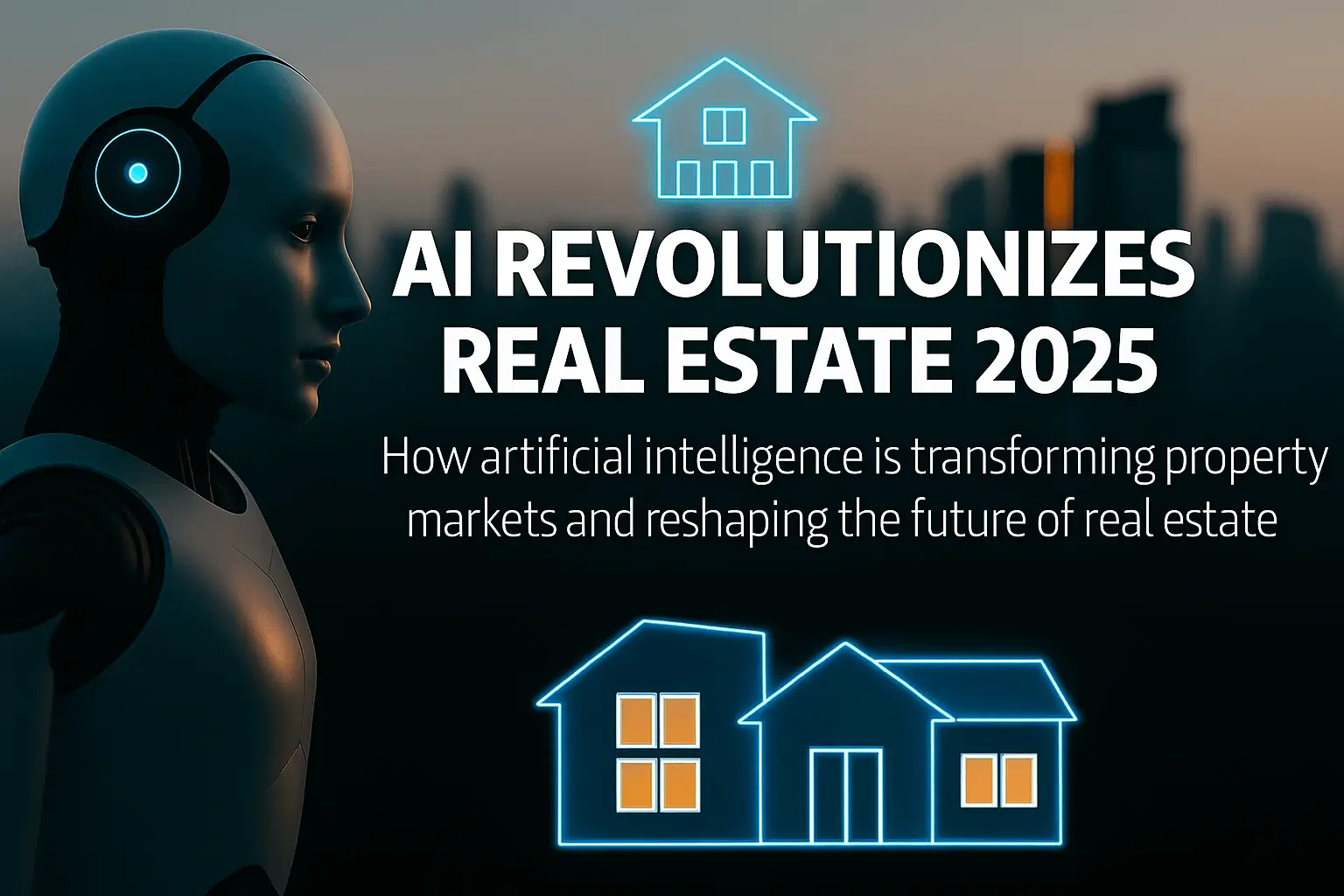 Futuristic robot and city skyline illustrating how AI is transforming the real estate market in 2025.