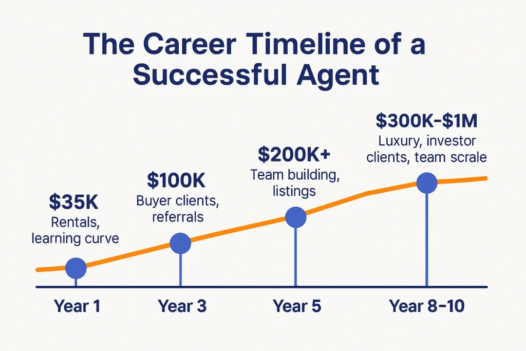 Career timeline infographic showing NYC real estate agent income growth from $35K in year 1 to $1M by year 10