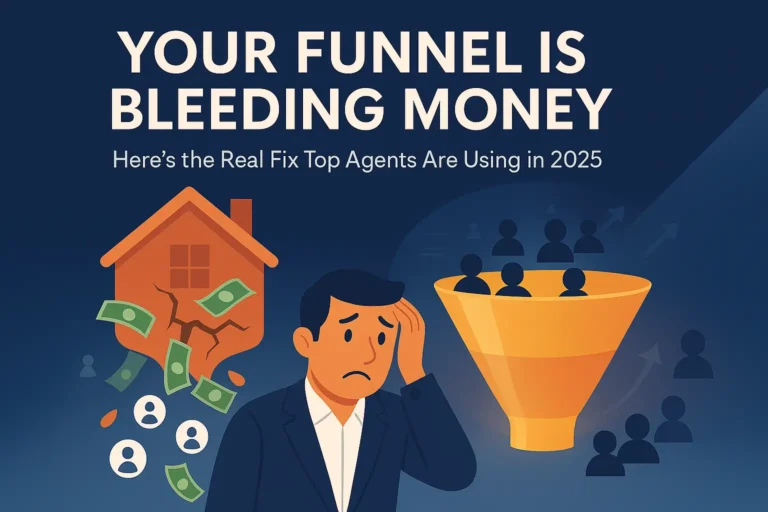 Illustration of a broken house funnel leaking money and leads, with a stressed real estate agent and a functioning funnel capturing clients, symbolizing lead loss and funnel optimization.