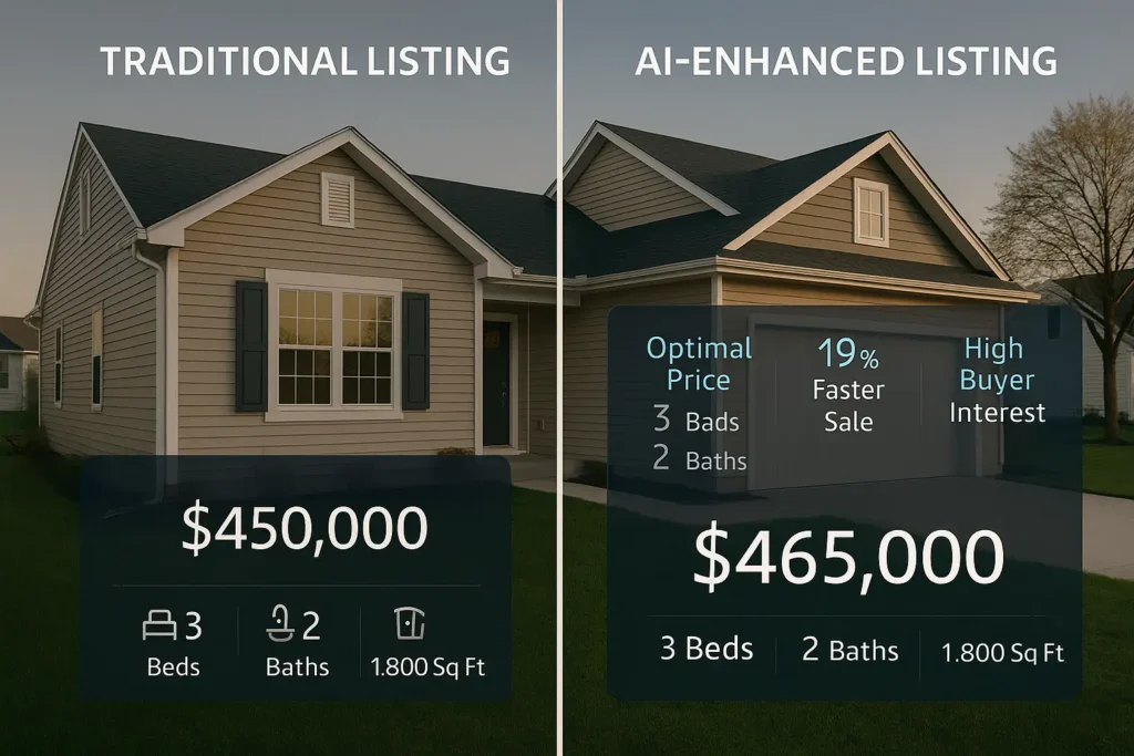Side-by-side image comparing a traditional real estate listing with an AI-enhanced listing, showing price, features, and buyer insights.