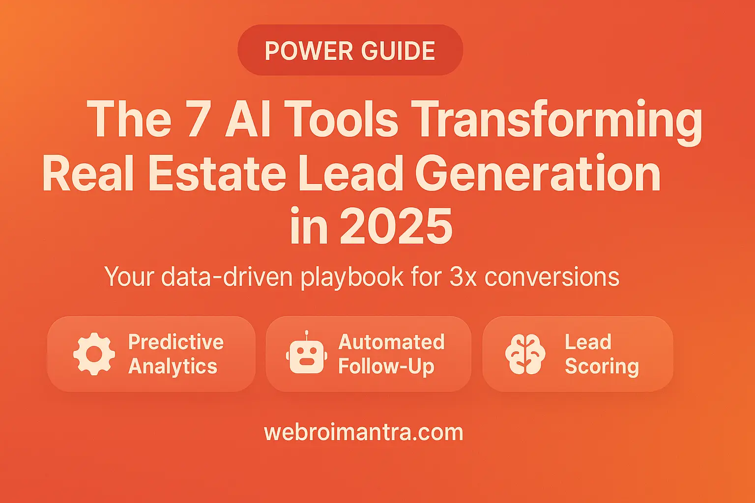 The 7 AI Tools Transforming Real Estate Lead Generation in 2025” – orange gradient background with icons for Predictive Analytics, Automated Follow-Up & Lead Scoring