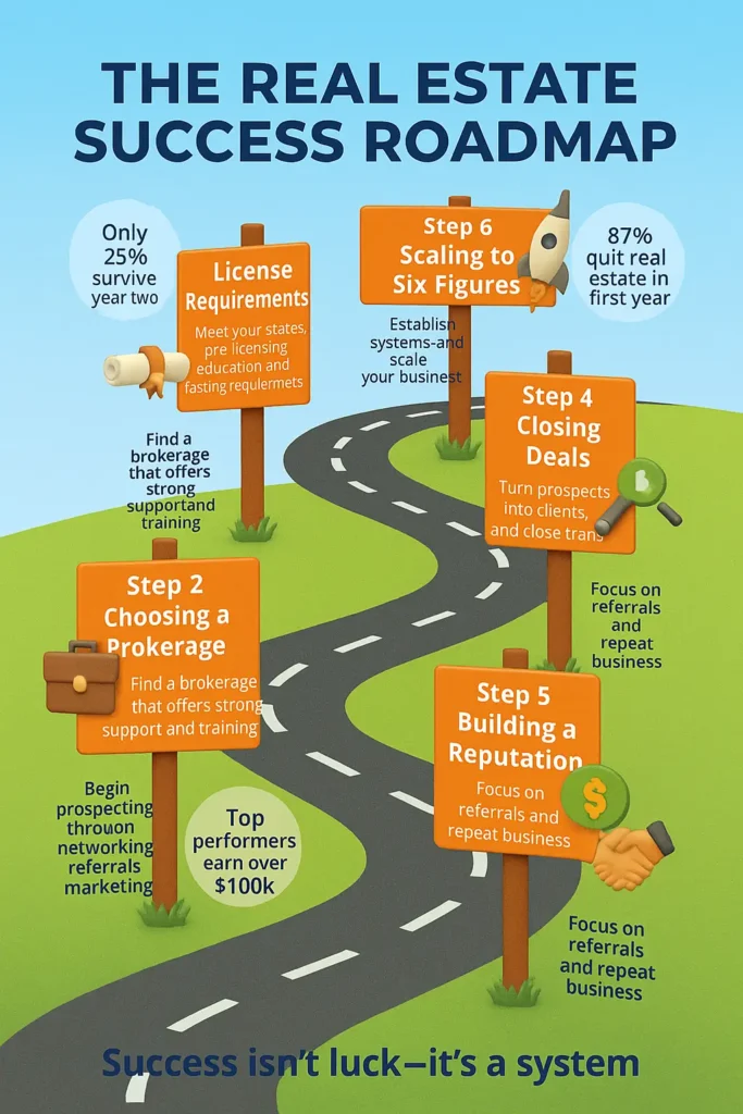 Infographic showing a winding road with six key milestones for real estate agents, from license requirements to scaling to six figures. Includes 3D-style signposts, icons like diploma, rocket, dollar sign, and motivational quote.