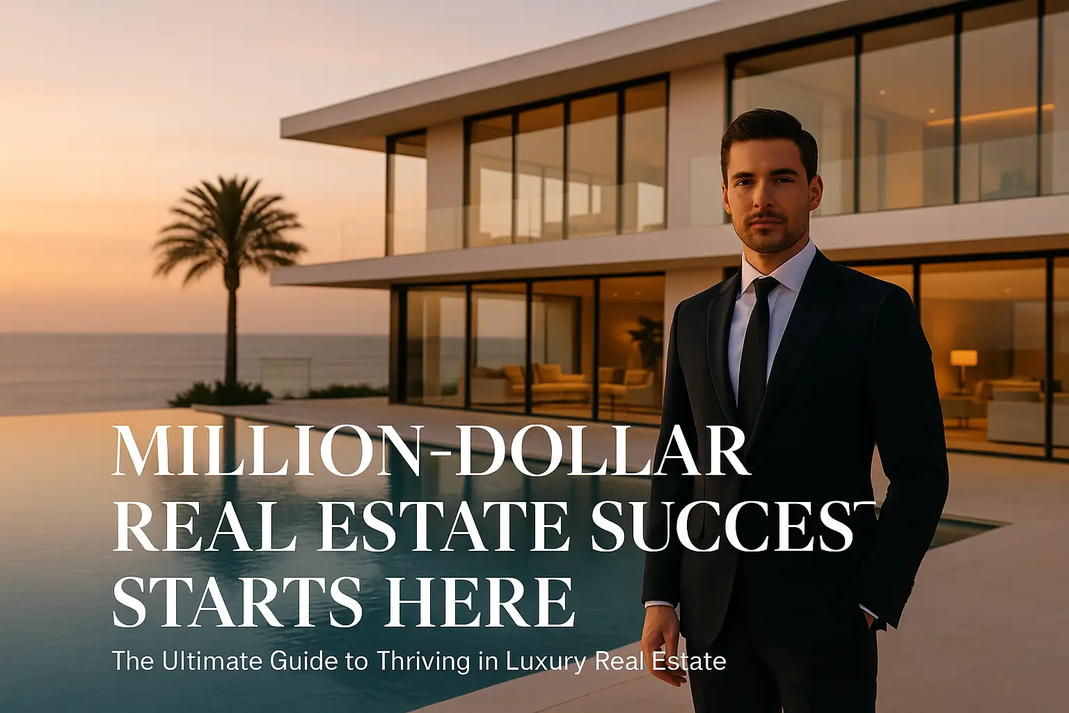 Luxury real estate agent in a black suit standing by an oceanfront villa at sunset with bold blog title overlay