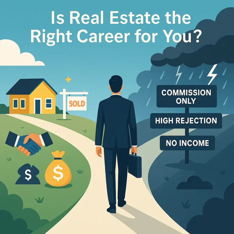 Illustration of a professional at a forked path choosing between a bright “SOLD” home and a stormy route marked “commission only,” “high rejection,” and “no income.”