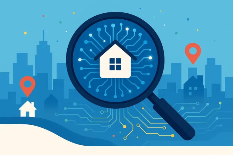 Magnifying glass highlighting a house icon wired into an AI circuit over a city skyline, illustrating real-estate SEO in Google’s AI era