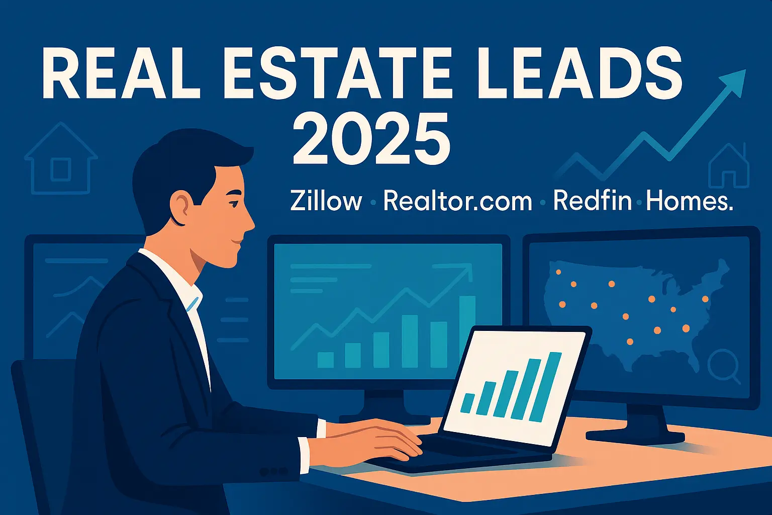 real-estate agent analysing 2025 lead-generation data for Zillow, Realtor.com, Redfin and Homes.com on multiple monitors