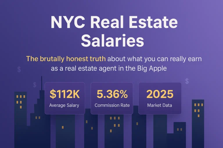 NYC real estate agent salary 2025 infographic showing average income, commission rate, and market data