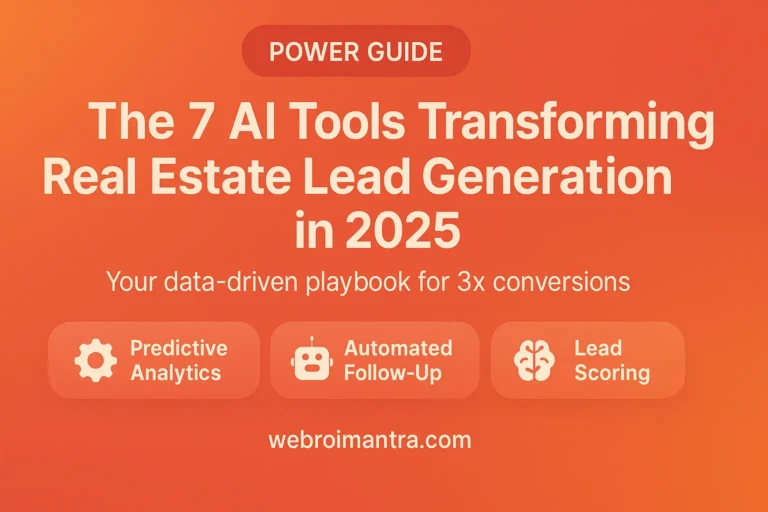 The 7 AI Tools Transforming Real Estate Lead Generation in 2025” – orange gradient background with icons for Predictive Analytics, Automated Follow-Up & Lead Scoring