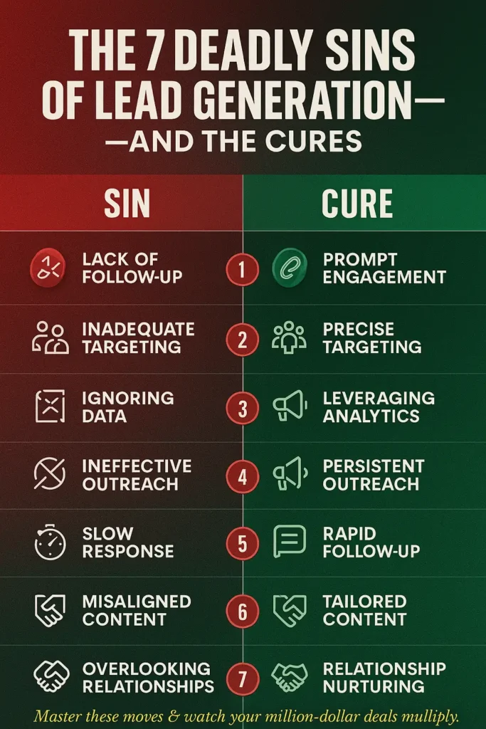 A bold two-column infographic titled “The 7 Deadly Sins of Lead Generation—And the Cures,” showing common lead generation mistakes on a red background with broken icons, and corresponding solutions on a green background with solid icons, separated by a silver divider. Includes a motivational gold pull-quote at the bottom.