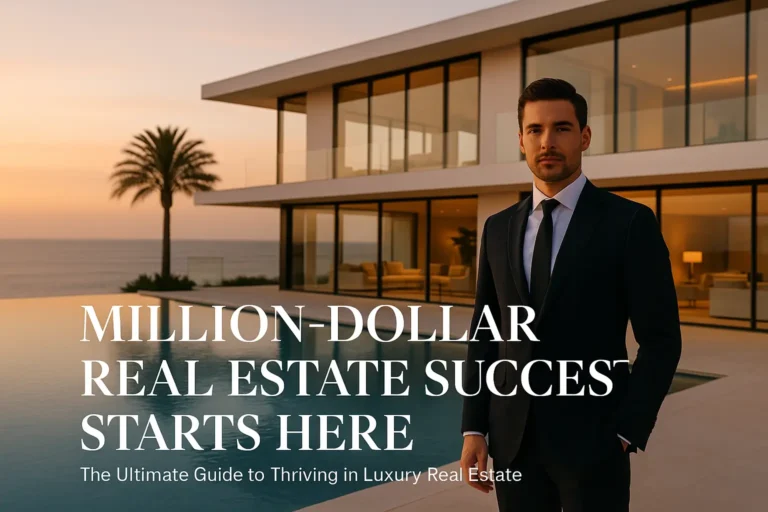 Luxury real estate agent in a black suit standing by an oceanfront villa at sunset with bold blog title overlay