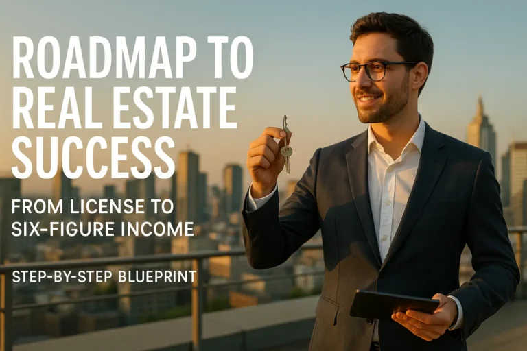 Smiling real-estate agent in a navy suit holds house keys on a rooftop at sunset, illustrating a clear path from license to six-figure success.