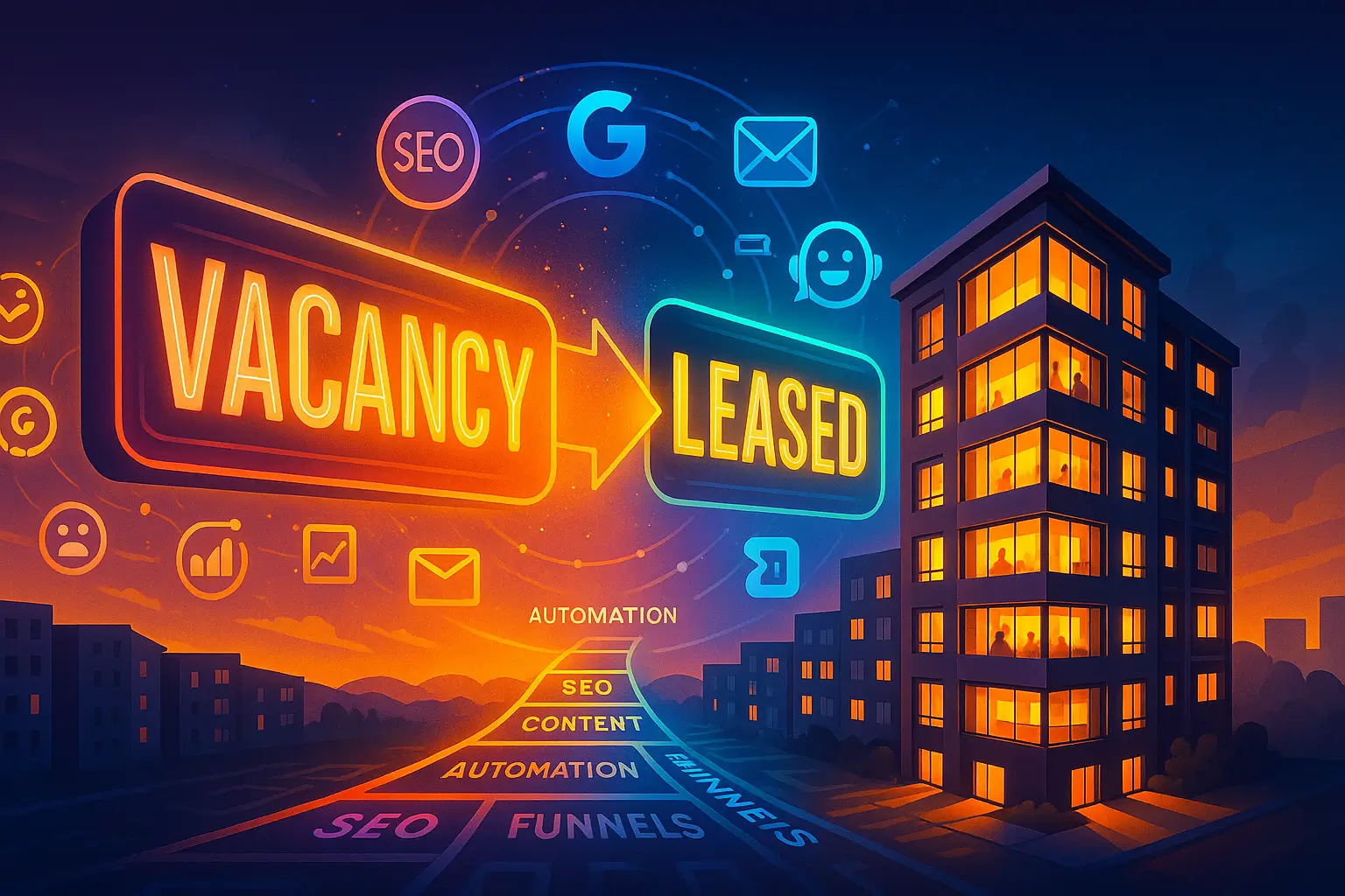 Neon “Vacancy → Leased” sign with SEO, email, and automation icons guiding renters to a brightly lit apartment building at dusk.
