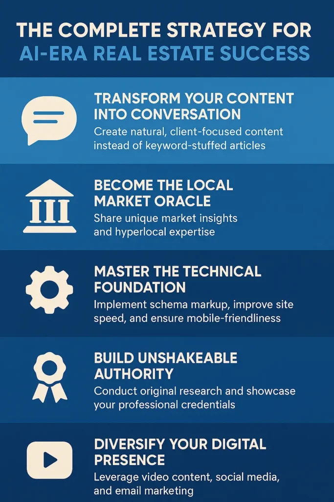 Infographic with five strategies for real-estate SEO in Google’s AI era: conversation, local market oracle, technical foundation, unshakeable authority, digital presence
