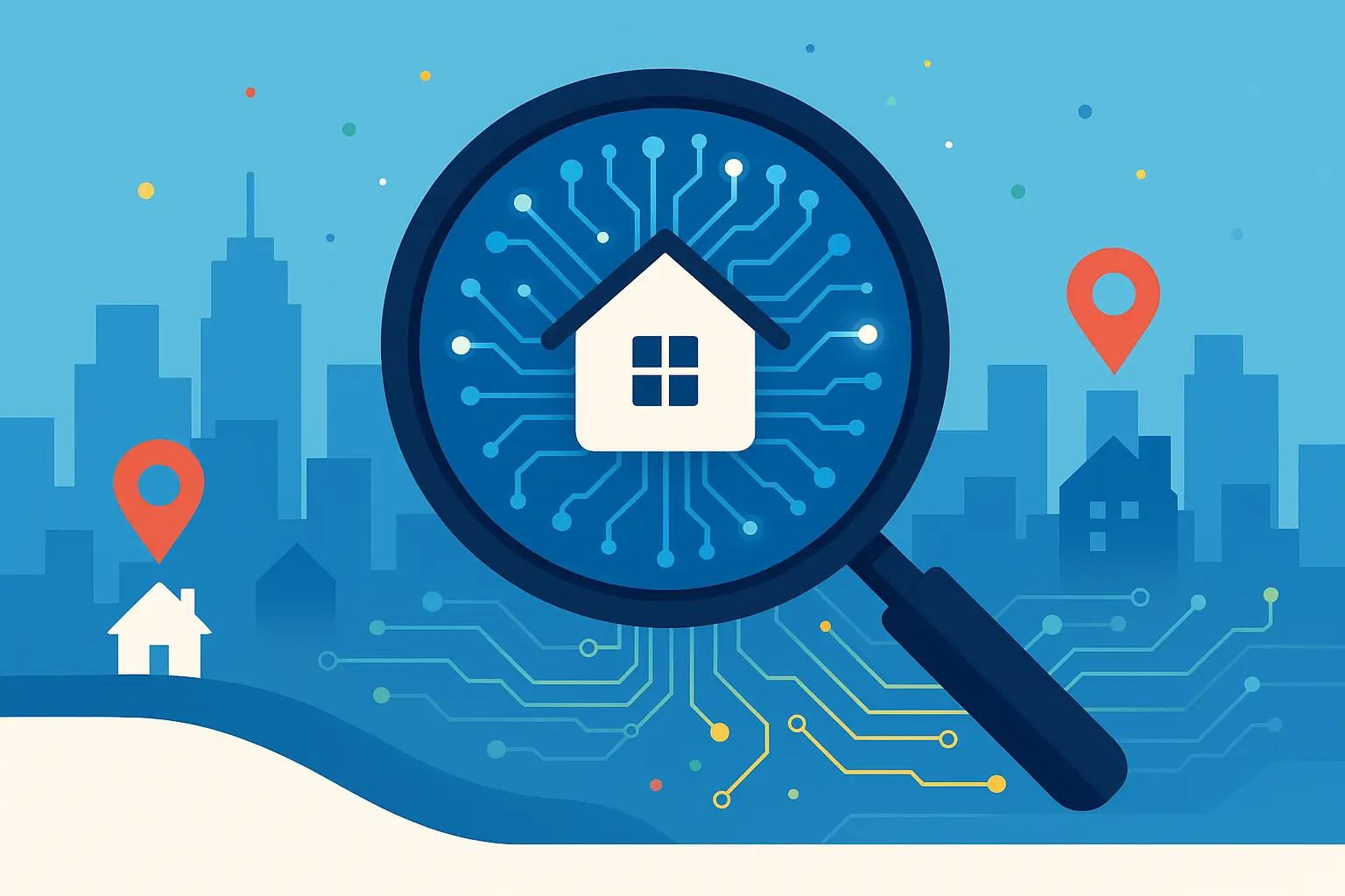 Magnifying glass highlighting a house icon wired into an AI circuit over a city skyline, illustrating real-estate SEO in Google’s AI era