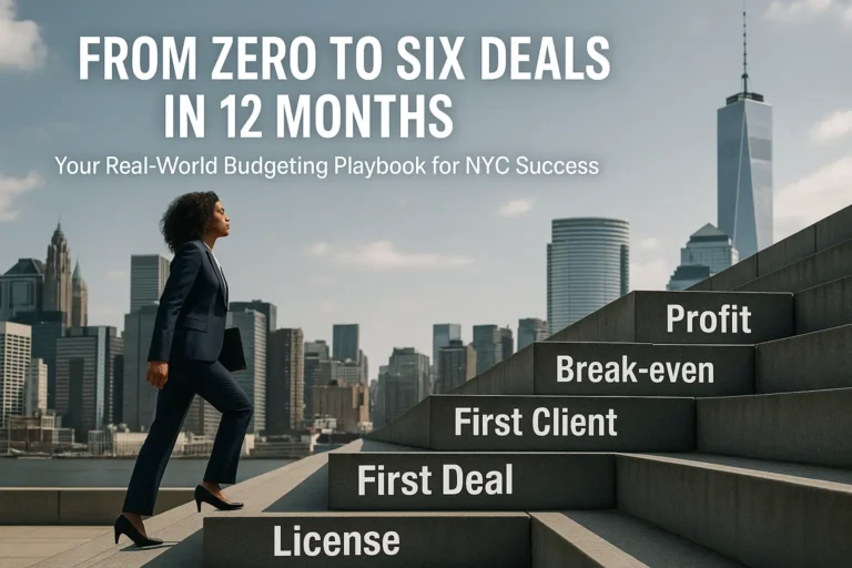 “NYC real-estate agent climbing milestone-labeled steps—License to Profit—against Manhattan skyline, illustrating first-year success path.”