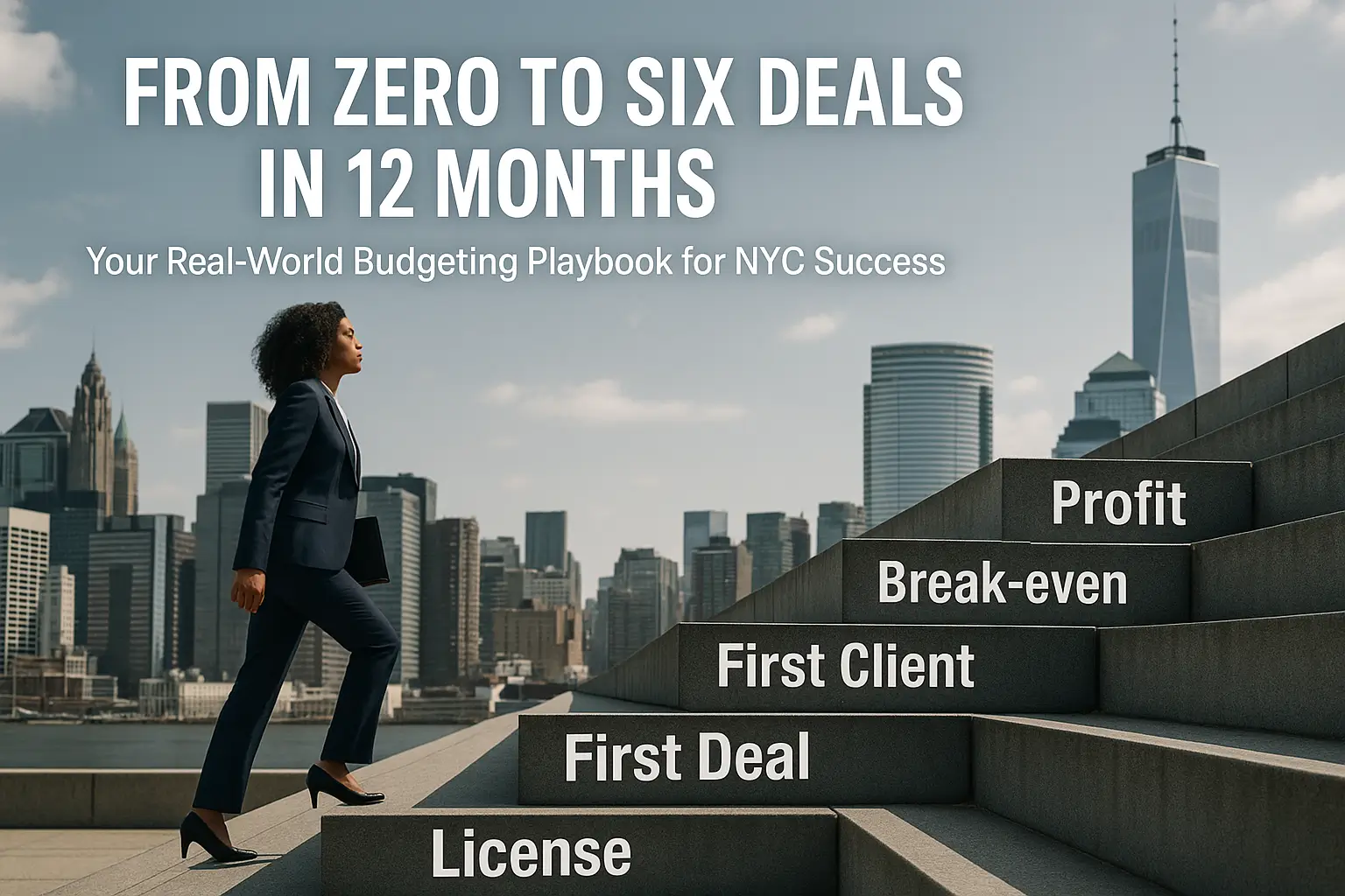 “NYC real-estate agent climbing milestone-labeled steps—License to Profit—against Manhattan skyline, illustrating first-year success path.”
