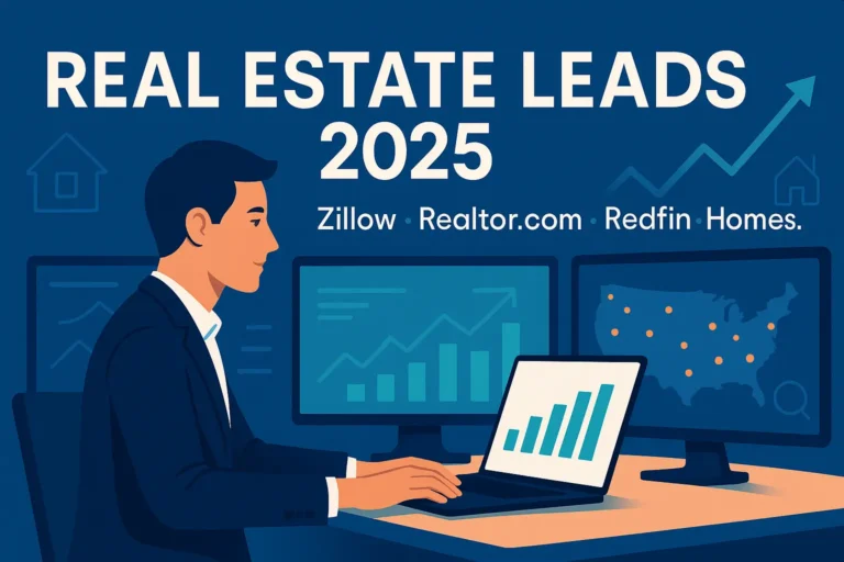 real-estate agent analysing 2025 lead-generation data for Zillow, Realtor.com, Redfin and Homes.com on multiple monitors