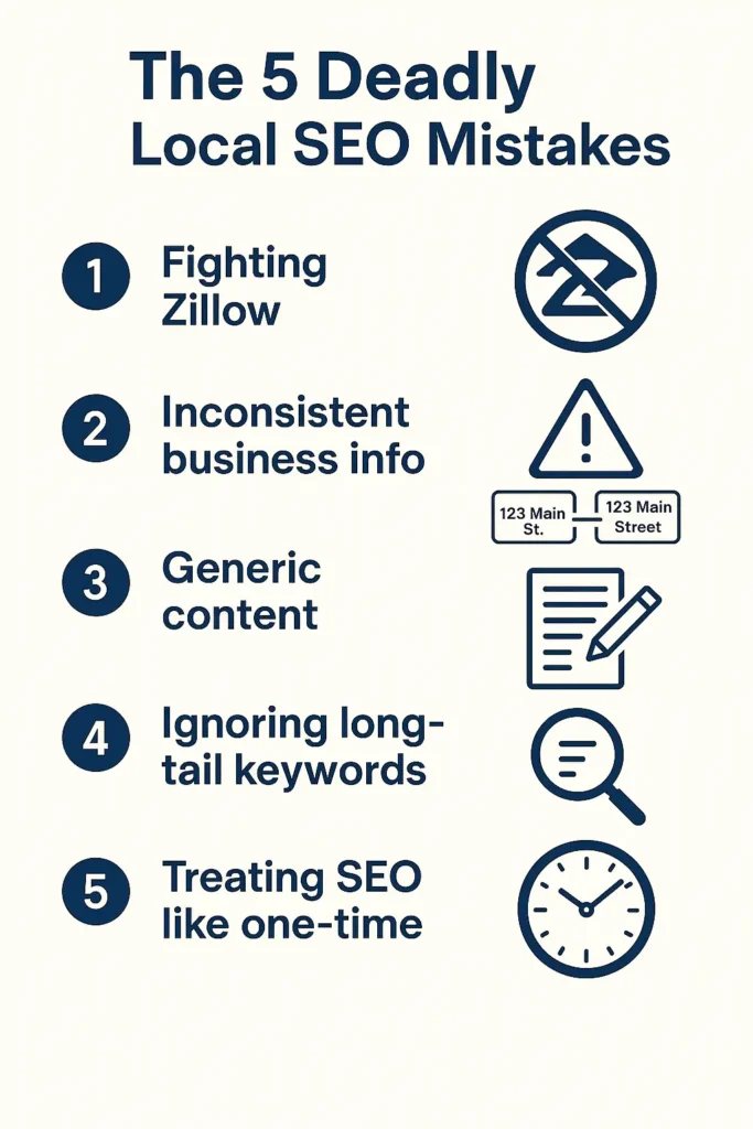 The Real Estate Agent's Ultimate Guide to Crushing Local SEO in 2025 2 "Infographic showing the 5 deadly local SEO mistakes real estate agents make: fighting Zillow, inconsistent business info, creating generic content, ignoring long-tail keywords, and treating SEO as a one-time effort. Each mistake is illustrated with simple icons."