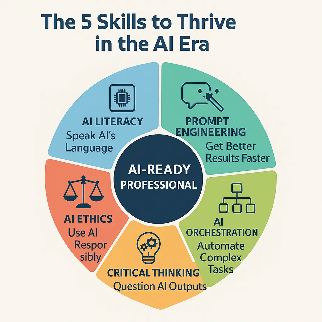 "Infographic titled ‘The 5 Skills to Thrive in the AI Era’ with a central circle labeled ‘AI-Ready Professional’ surrounded by five segments: AI Literacy with icon of a book and chip, ‘Speak AI’s Language’; Prompt Engineering with chat bubble and magic wand, ‘Get Better Results Faster’; AI Orchestration with flowchart icon, ‘Automate Complex Tasks’; Critical Thinking with lightbulb and gears, ‘Question AI Outputs’; and AI Ethics with scales of justice, ‘Use AI Responsibly’."