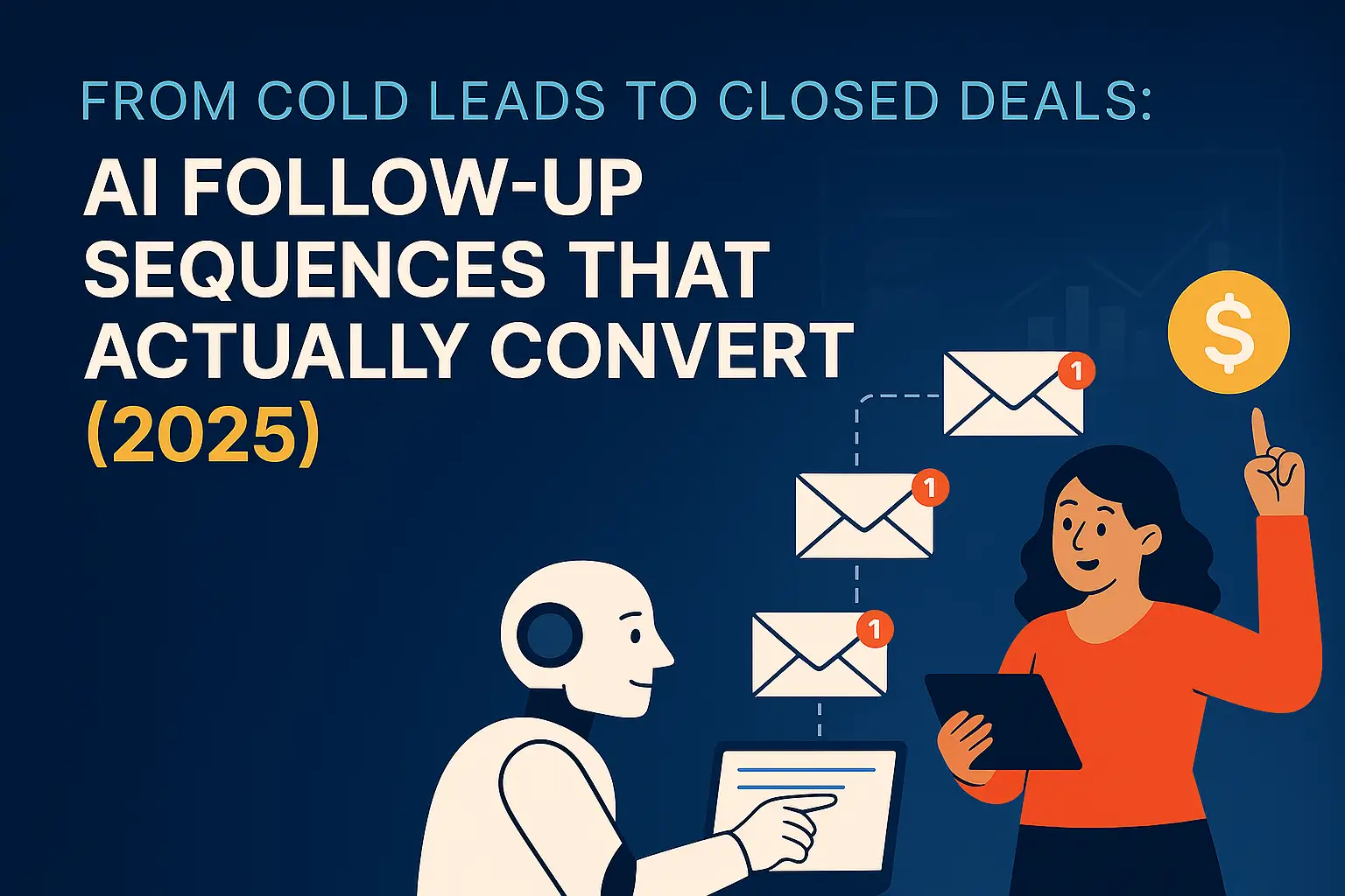 The Complete Guide to AI-Powered Sales Follow-Up Sequences That Convert Cold Leads Into Paying Customers 1 Illustration of a woman and an AI robot exchanging messages with email icons, symbolizing AI follow-up sequences that convert leads in 2025.