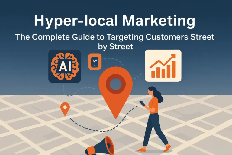 "Flat-style illustration of AI-powered hyperlocal marketing with a large map pin, AI brain icon, analytics chart, and a woman using her smartphone on a stylized city map."