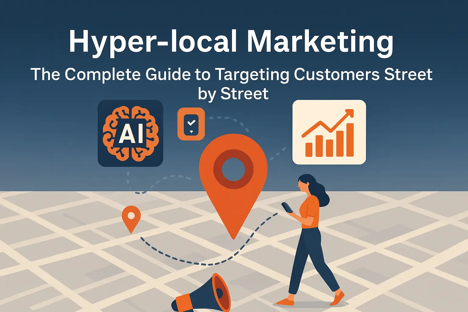 "Flat-style illustration of AI-powered hyperlocal marketing with a large map pin, AI brain icon, analytics chart, and a woman using her smartphone on a stylized city map."