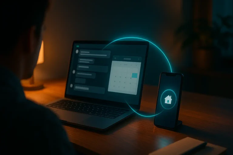 AI-powered real estate marketing automation with chatbot and calendar integration on laptop and smartphone.
