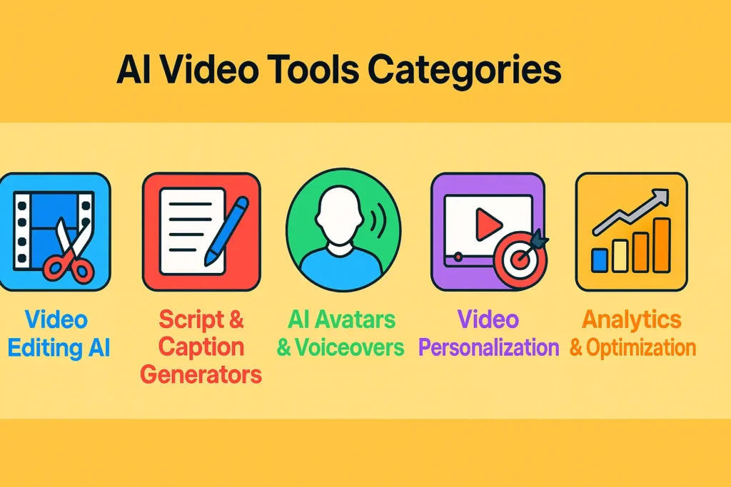 The Ultimate Guide to AI Video Tools: Transform Your Content Strategy in 2025 2 Bright and colorful infographic titled “AI Video Tools Categories” showing five categories with icons: Video Editing AI (film strip and scissors icon), Script & Caption Generators (paper and pencil icon), AI Avatars & Voiceovers (person silhouette icon), Video Personalization (video player with target icon), and Analytics & Optimization (bar chart with upward arrow icon).