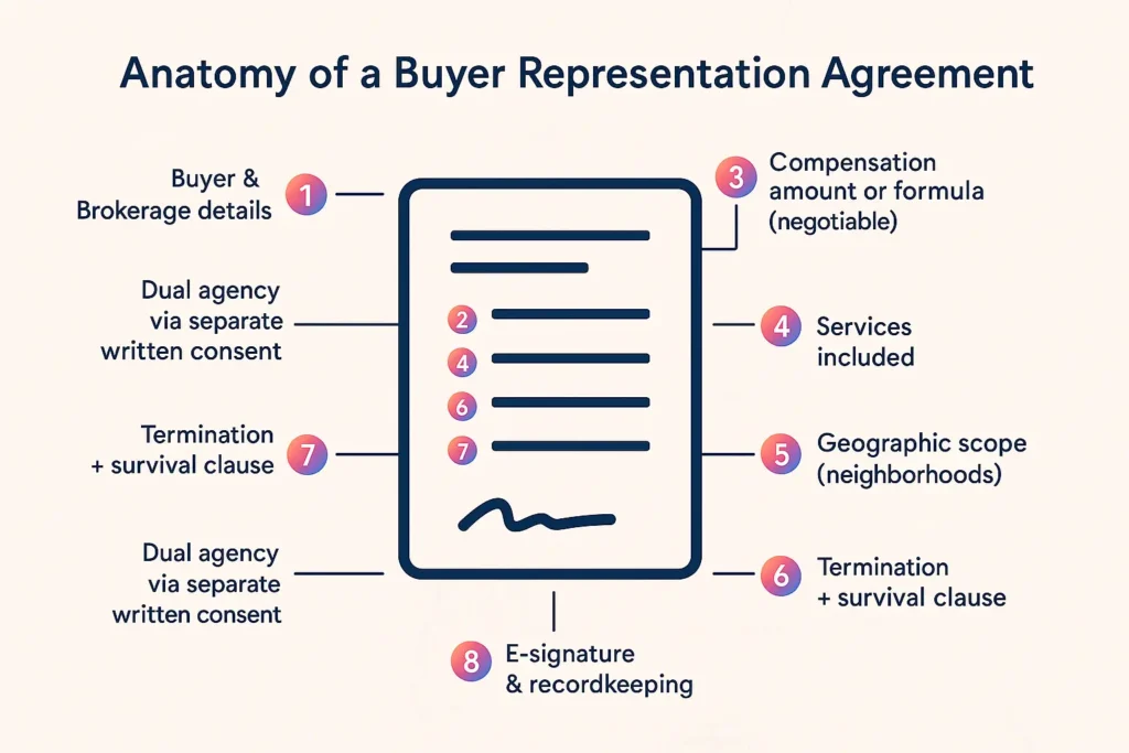 Anatomy of a NYC buyer representation agreement with eight callouts: parties, compensation negotiable, services, term, scope, termination, dual agency, e-signature.