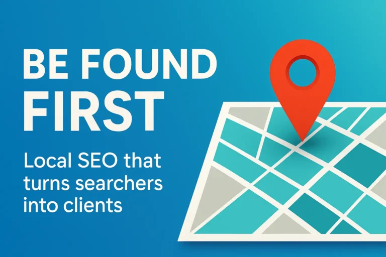 Be Found First Local SEO hero with a red map pin on a city map showing how search visibility turns searchers into clients