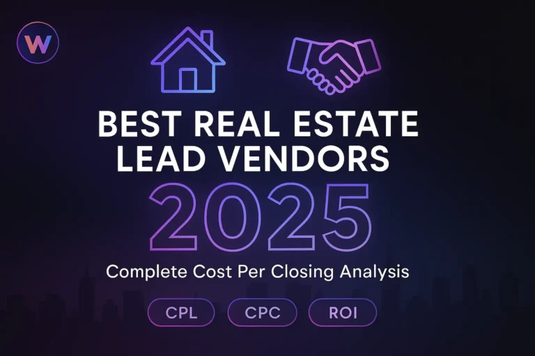 Best Real Estate Lead Vendors 2025 — header with neon house and handshake icons on a dark gradient, Complete Cost Per Closing Analysis.