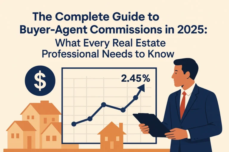 "Confident real estate agent standing with a clipboard in a modern office, representing 2025 buyer-agent commission trends"