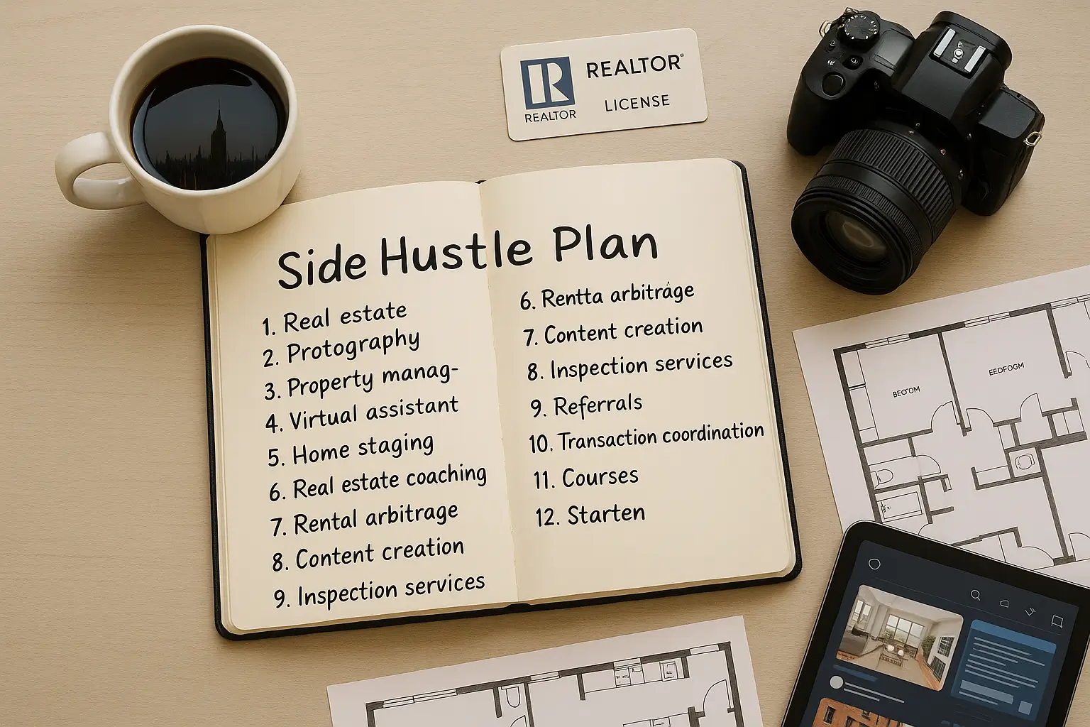 The NYC Real Estate Agent's Guide to Surviving Commission Droughts: 12 Proven Side Hustles That Actually Work 1 Overhead view of a workspace with a notebook titled “Side Hustle Plan” listing 12 income ideas for NYC real estate agents, alongside a coffee mug reflecting the NYC skyline, a REALTOR® license card, DSLR camera, property floor plans, and an iPad showing property photos.