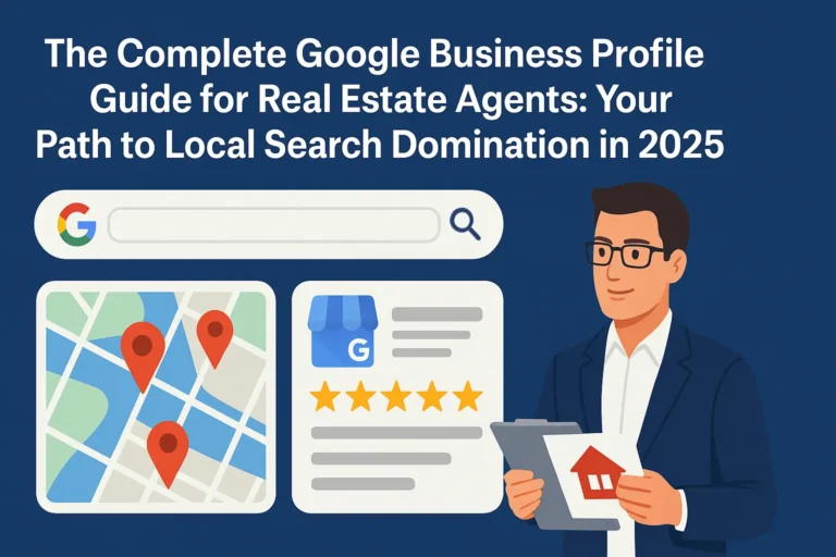 "Real estate agent reviewing Google Business Profile search results with map pins and five-star reviews, illustrating local search optimization guide for 2025"