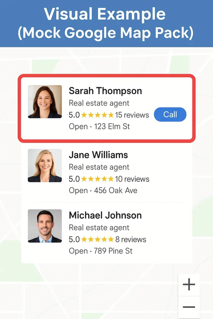 The Complete Google Business Profile Guide for Real Estate Agents: Your Path to Local Search Domination in 2025 2 "Mock Google Map Pack showing a real estate agent ranked first with photo, five-star rating, reviews, and call button highlighted"