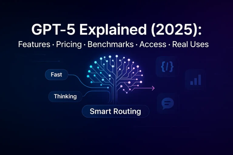 GPT-5 Explained (2025) blog header with neural network tree, smart routing labels, and modern dark gradient background.