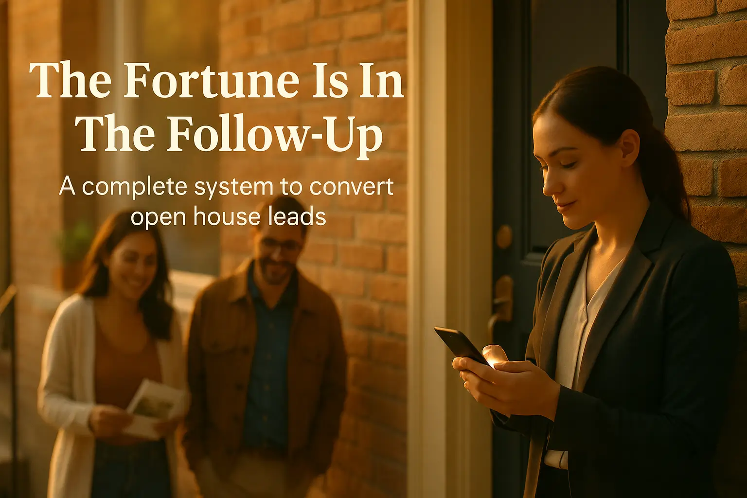 Agent checks phone on a townhouse doorstep after an open house as a buyer couple leaves, warm golden hour scene