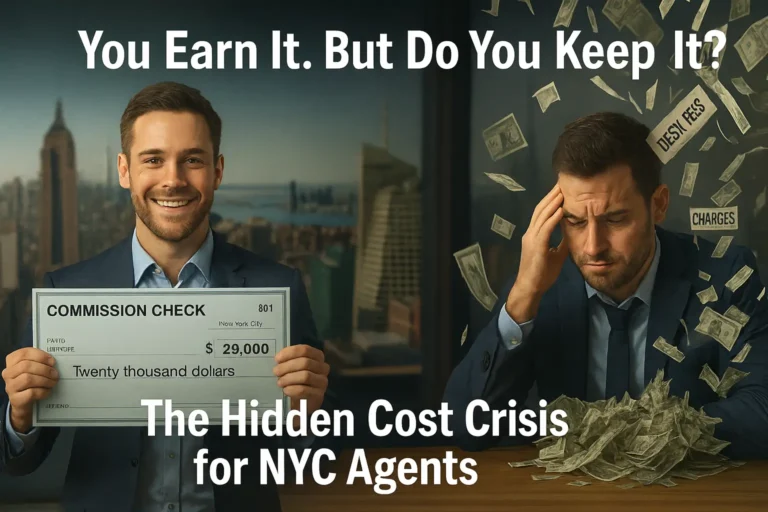 Smiling NYC real estate agent holding a $20K commission check contrasted with a stressed agent buried in falling desk-fee and charge slips under headline “You Earn It. But Do You Keep It?”