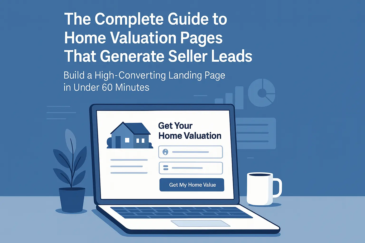 The Complete Guide to Home Valuation Pages That Generate Seller Leads: How to Build a Converting Landing Page in Under 60 Minutes 1 "Illustration of a laptop displaying a home valuation landing page with the text 'Get Your Home Valuation' and a title overlay about generating seller leads in under 60 minutes"
