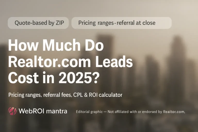 How Much Do Realtor.com Leads Cost in 2025?’ showing pricing ranges, referral fees, and ROI calculator insights