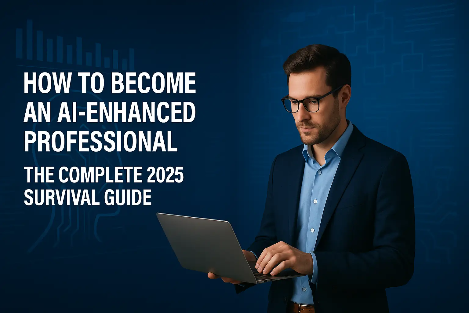 Business professional using a laptop with AI-themed background for the 2025 survival guide