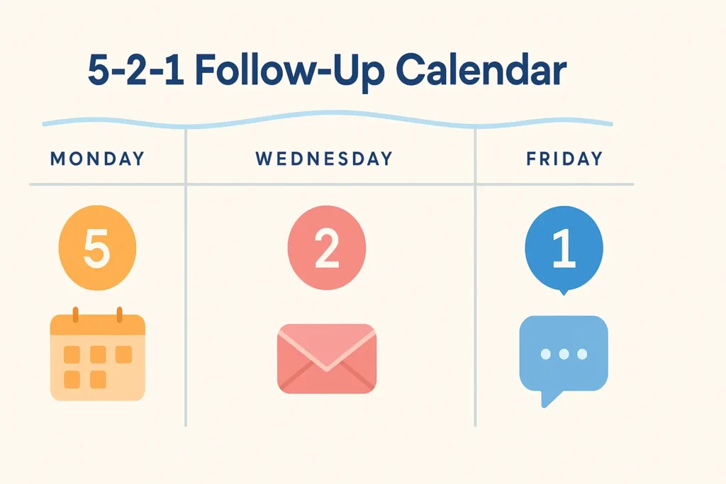 The Complete Open House Follow-Up System: Convert 79% More Leads with Proven Scripts and Strategies 2 Calendar visual that shows five touches in week one then two then one for open house follow up