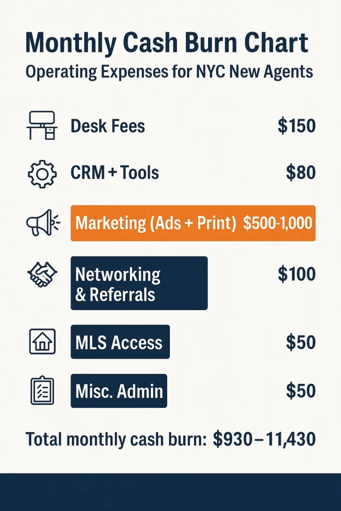 Monthly Cash Burn Chart for new NYC agents: Desk $150, CRM $80, Marketing $500–1,000, Networking $100, MLS $50, Misc $50.