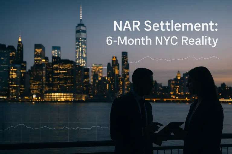 NYC skyline at dusk with two silhouetted agents, headline ‘NAR Settlement: 6-Month NYC Reality’ and faint trend line.