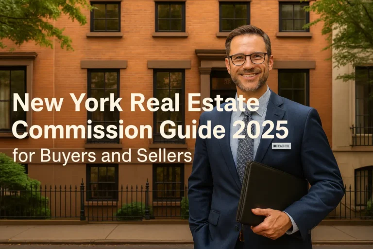NYC realtor standing in front of a classic brownstone promoting the New York Real Estate Commission Guide 2025 for buyers and sellers