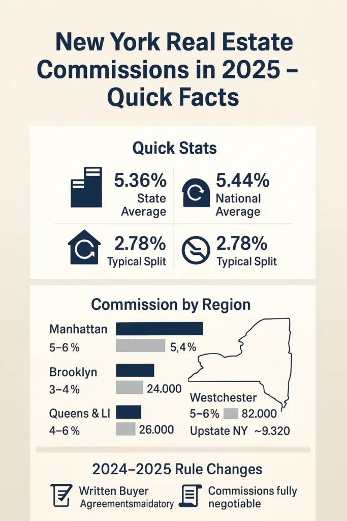New York Real Estate Commission Guide 2025 for Buyers and Sellers 2 Infographic of New York real estate commissions in 2025, showing quick stats, commission by region, and 2024–2025 rule changes.
