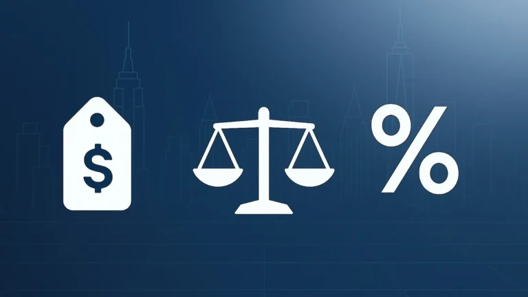 Balanced scale between a flat fee price tag and a percentage symbol over a minimalist NYC skyline, illustrating buyer agent fee comparison in 2025.