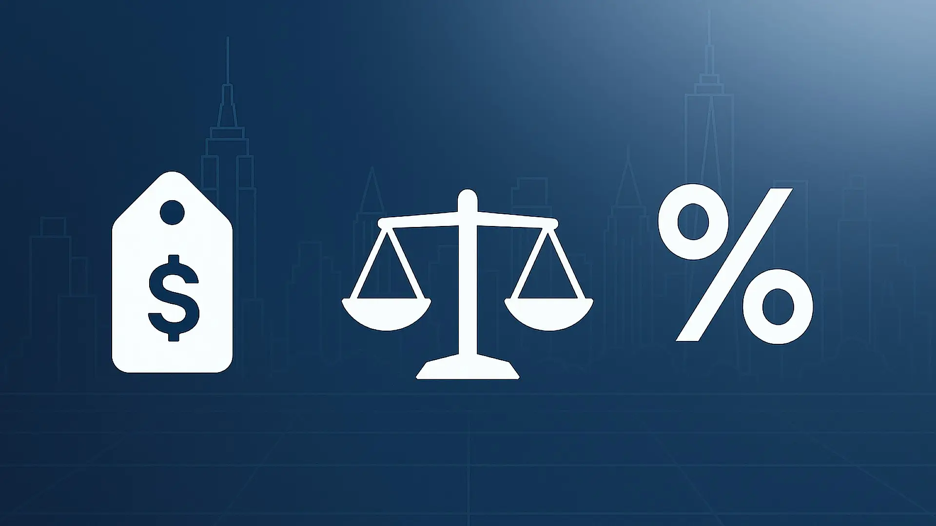 Balanced scale between a flat fee price tag and a percentage symbol over a minimalist NYC skyline, illustrating buyer agent fee comparison in 2025.